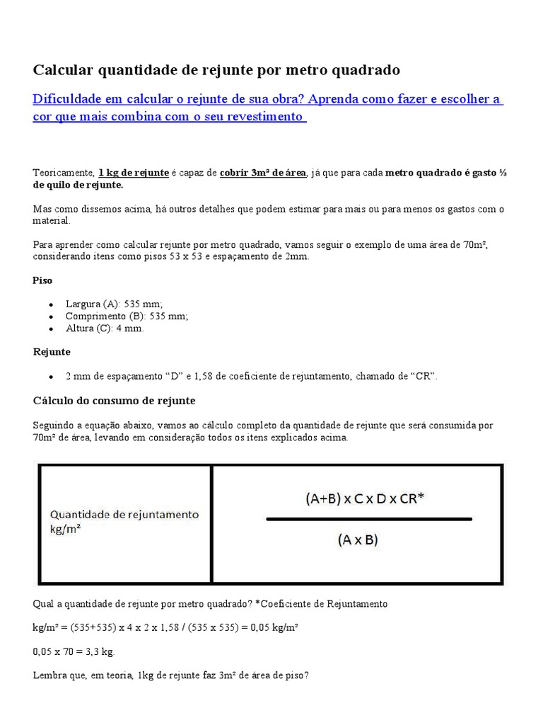 Cálculo de Rejunte por Metro Quadrado | PDF