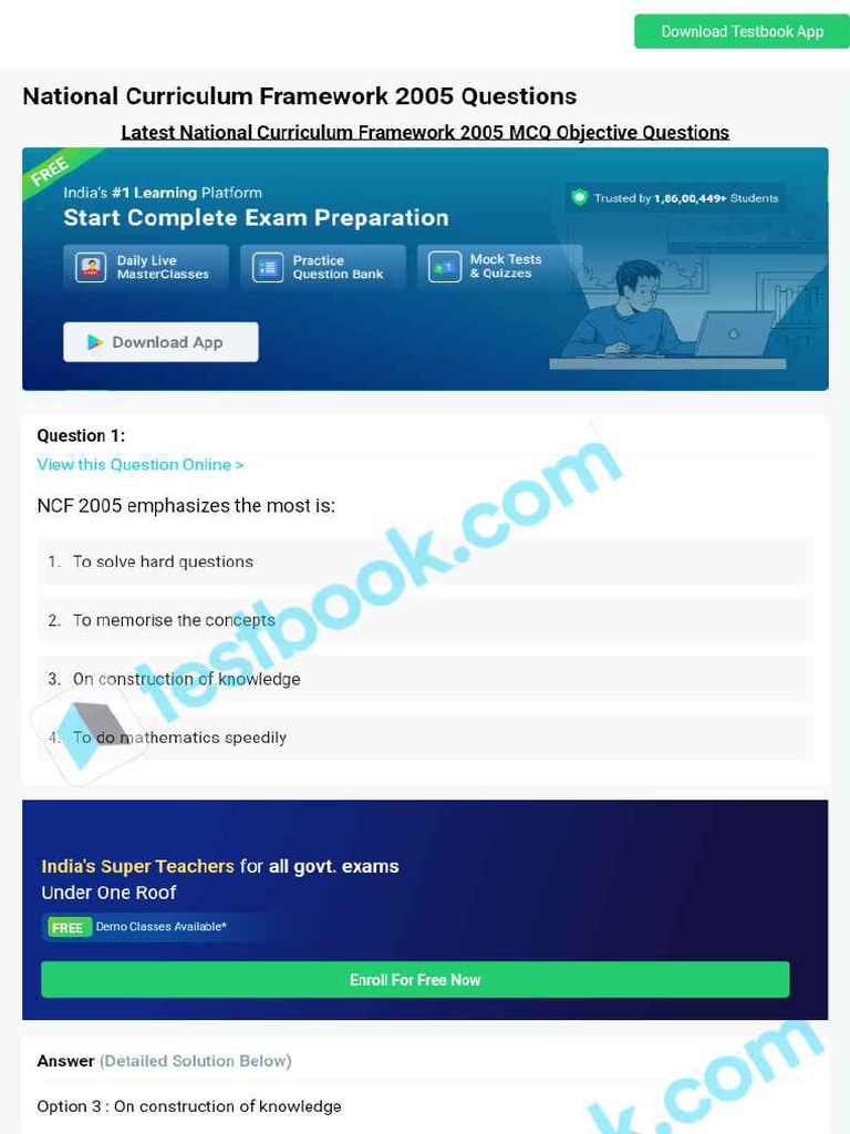 MCQ On National Curriculum Framework 2005 5eea6a1539140f30f369f527 | PDF