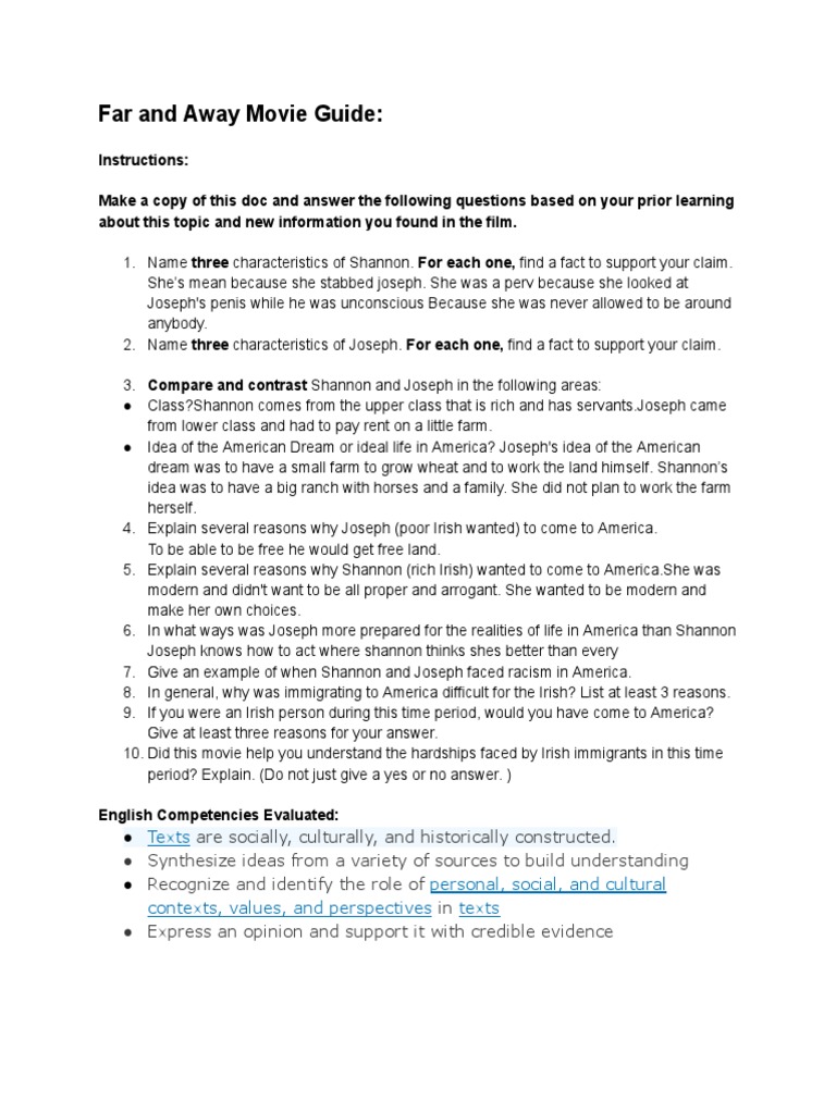 Far and Away Movie Study Guide | PDF