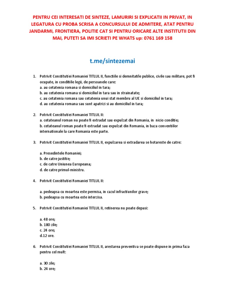 Test Grila CONSTITUTIA ROMANIEI Titlul 2 | PDF