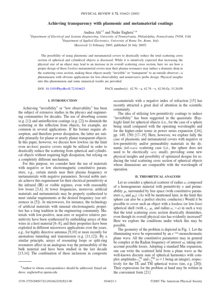 2005 - PRE. Achieving Transparency With Plasmonic and Metamaterial