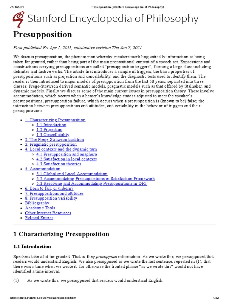 Presupposition Stanford Encyclopedia Of Philosophy Pdf