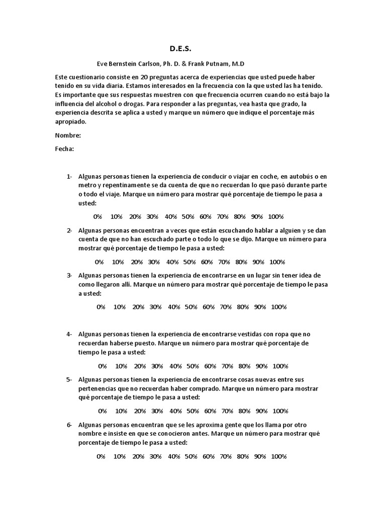 Cuestionario sobre experiencias disociativas | PDF