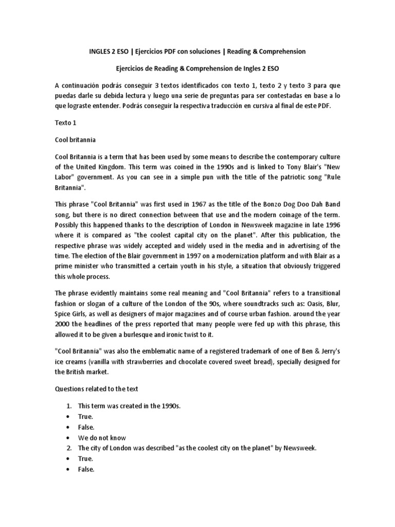 INGLES 2 ESO Ejercicios PDF Con Soluciones Reading Comprehension | PDF ...