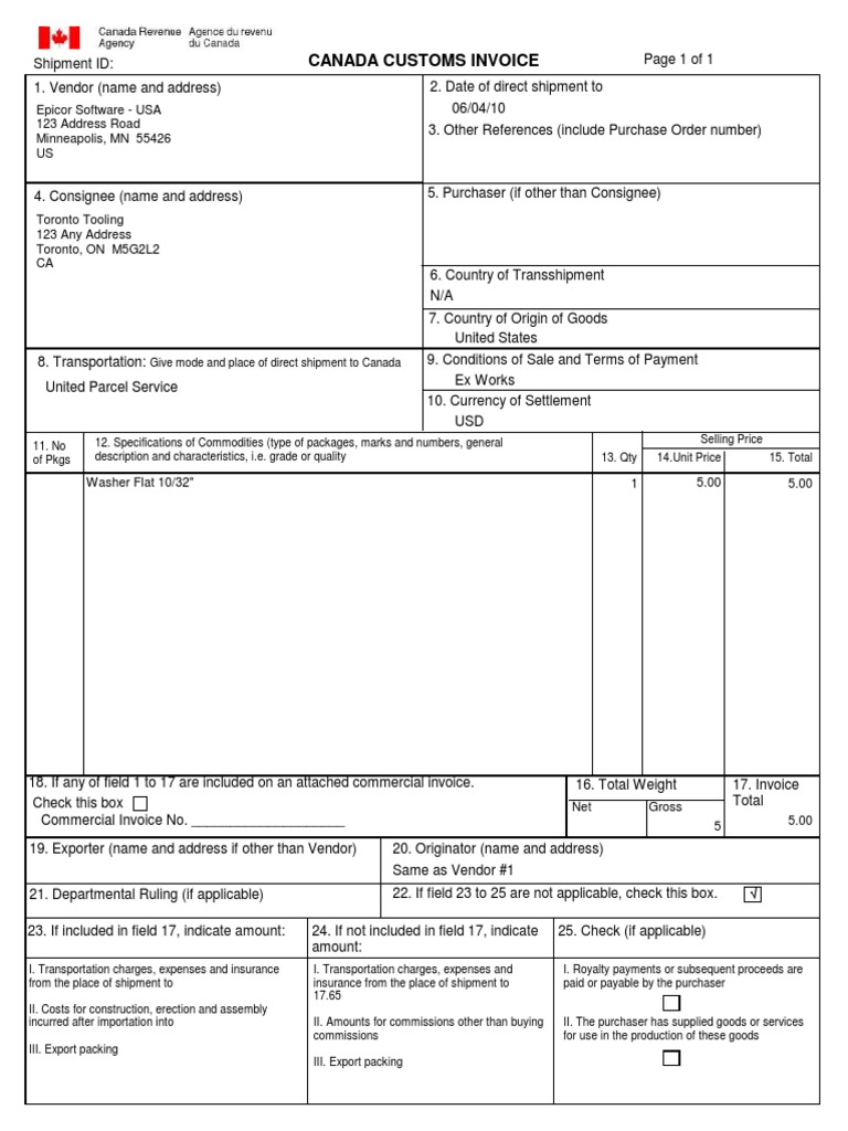 Canadian Customs Invoice PDF Canadian Customs Invoice PDF