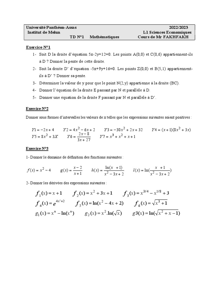 Exercices de mathématiques L1 Eco-Gestion | PDF | Méthodes et ...