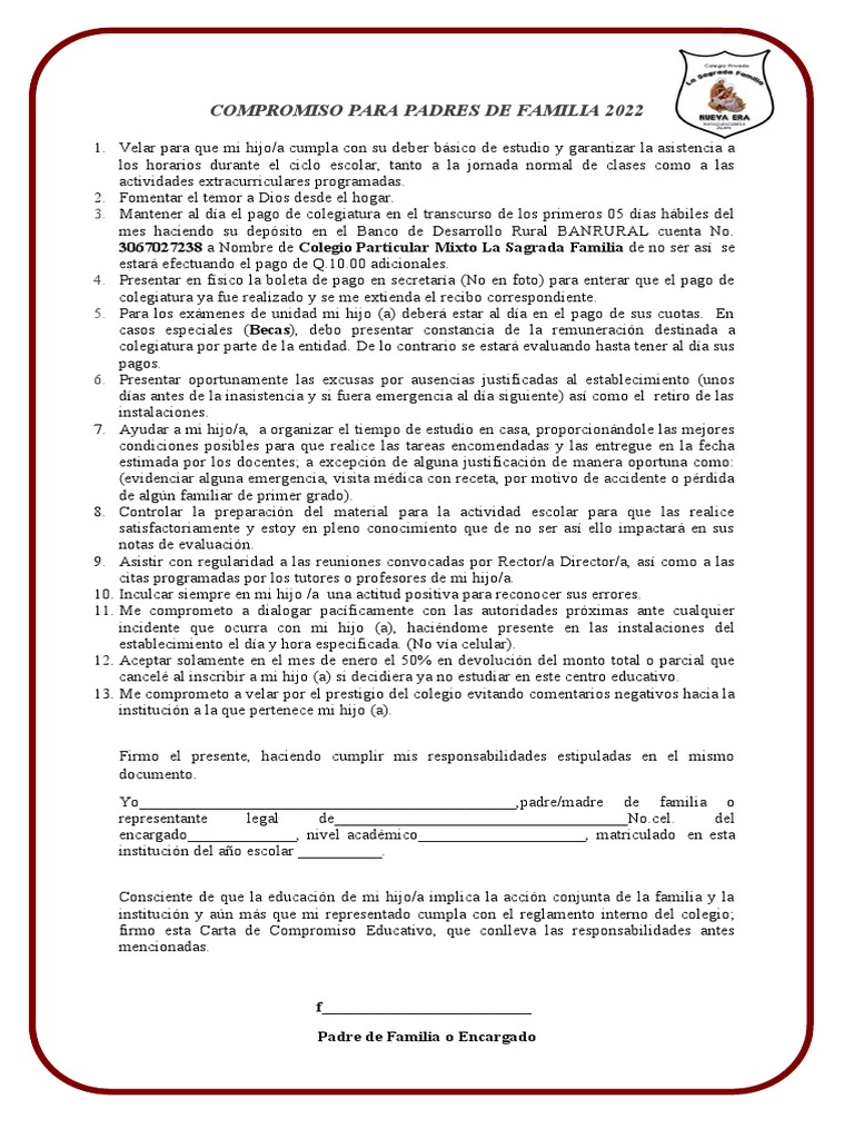 Carta de Compromiso para Padres 2022 | PDF | Crecimiento personal y ...