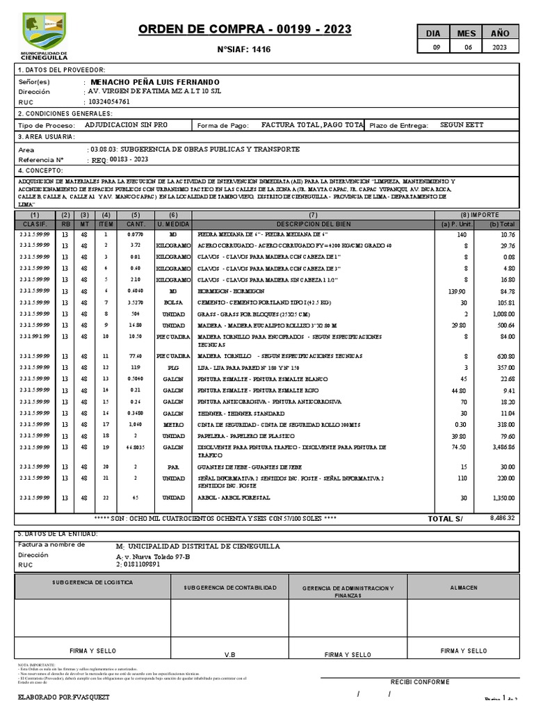 Orden de Compra 00199 - 2023 | PDF