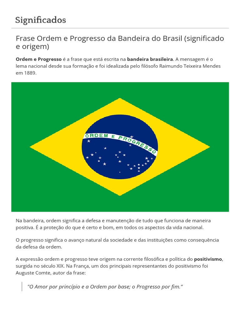 Frase Ordem e Progresso Da Bandeira Do Brasil (Significado e Origem ...