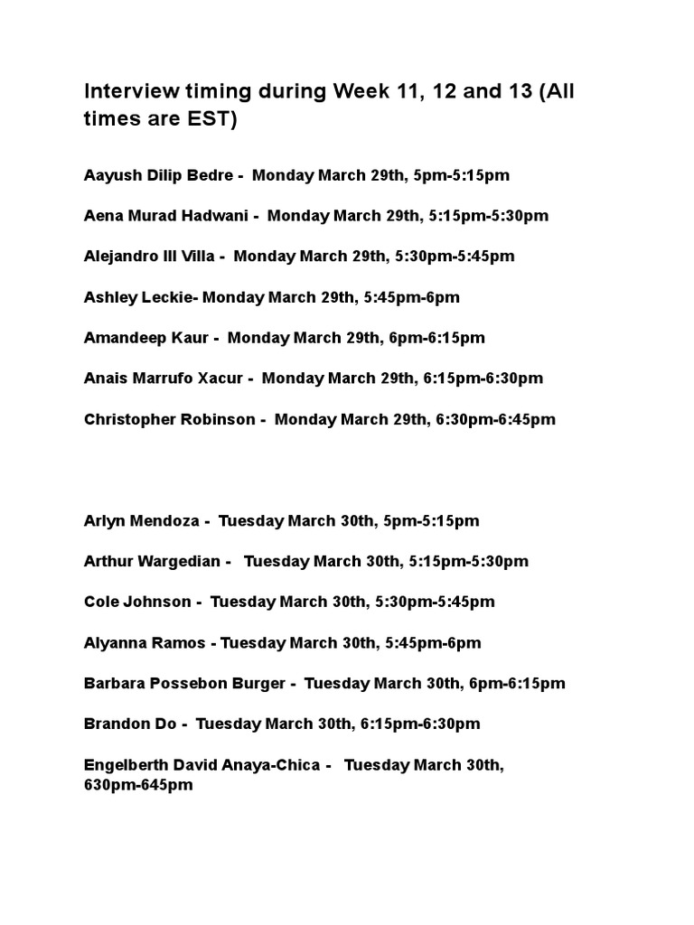 Mock Interview Timing For Week 11,12 and 13 | PDF | Art
