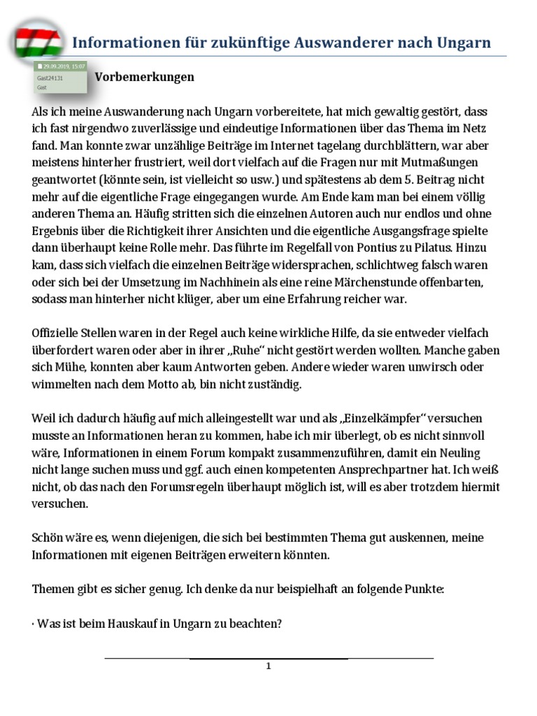 Informationen Fuer Zukuenftige Auswanderer Nach Ungarn - Druckversion | PDF