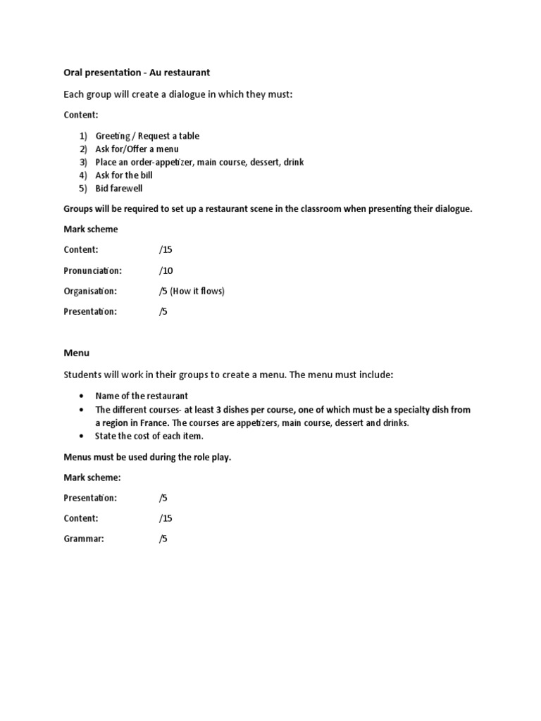 Au Restaurant-Dialogue and Menu Card | PDF