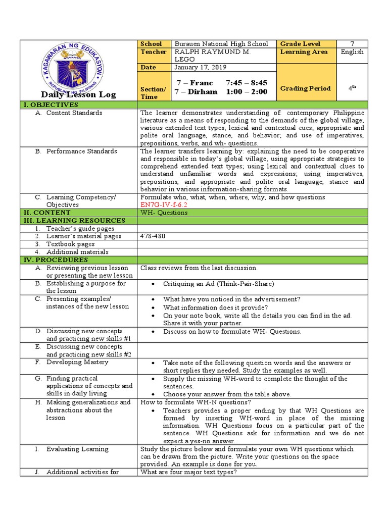 Daily Lesson Log PDF
