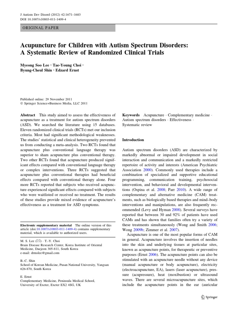 Acupuncture For Children With Autism Spectrum Disorders - A Systematic ...