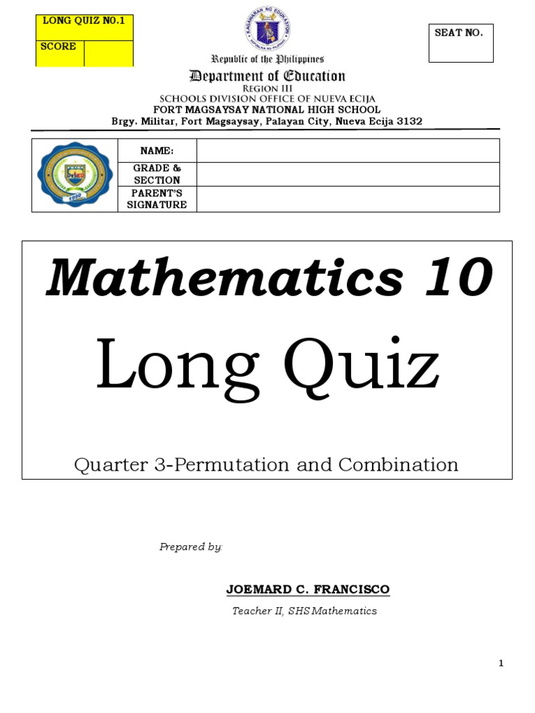 Grade 10 Long Quiz: Permutations & Combinations | PDF | Permutation ...