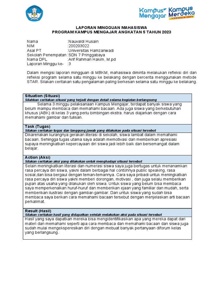 Format Laporan Mingguan Mahasiswa Km 5 2 Pdf