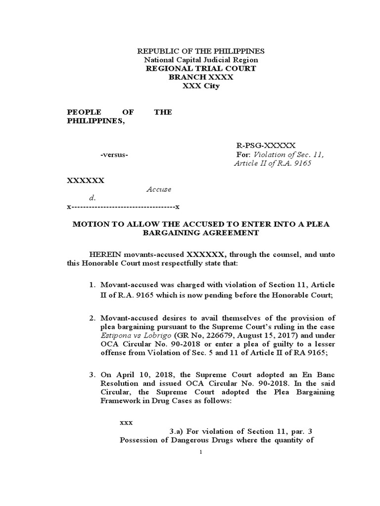 Plea Bargaining Motion for Drug Case | PDF | Plea | Plea Bargain
