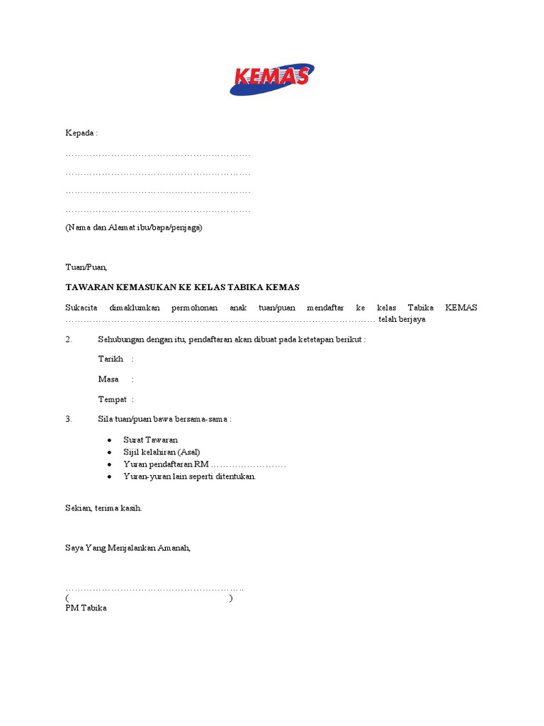 Surat Tawaran Kemasukan DLM D1 (Untuk Simpanan Tabika) | PDF