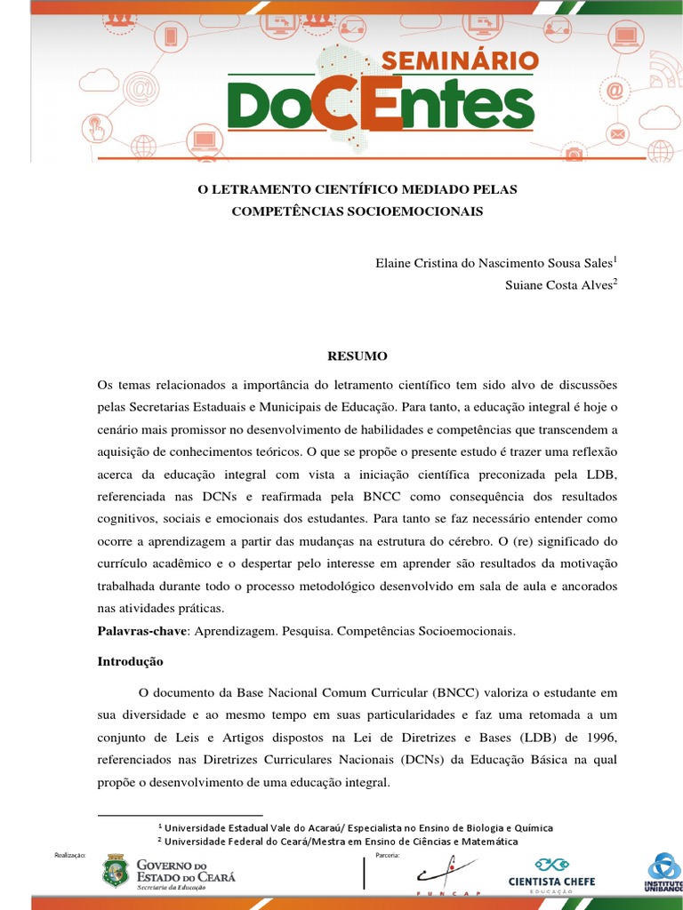 o Letramento Científico Mediado Pelas Competências Socioemocionais ...