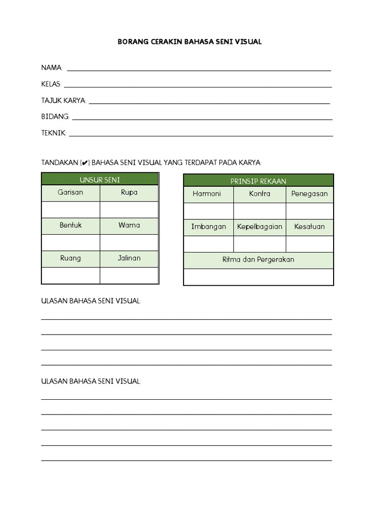 Borang Cerakin Bahasa Seni Visual 2  PDF