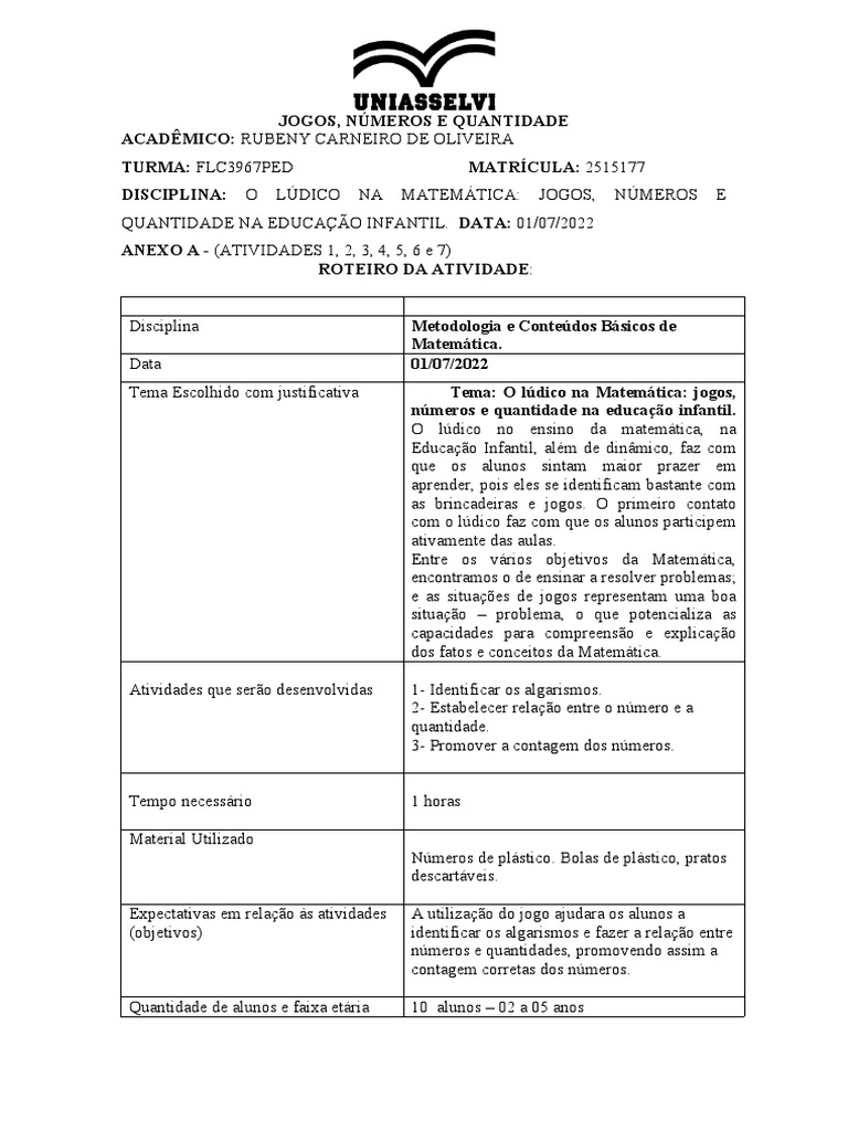 Roteiro BRINQUEDOTECA PDF Aprendizado Matem tica