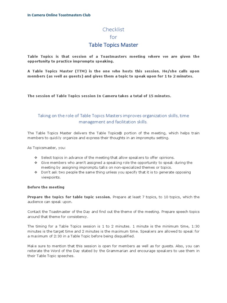 Script template table topics master pdf human communication