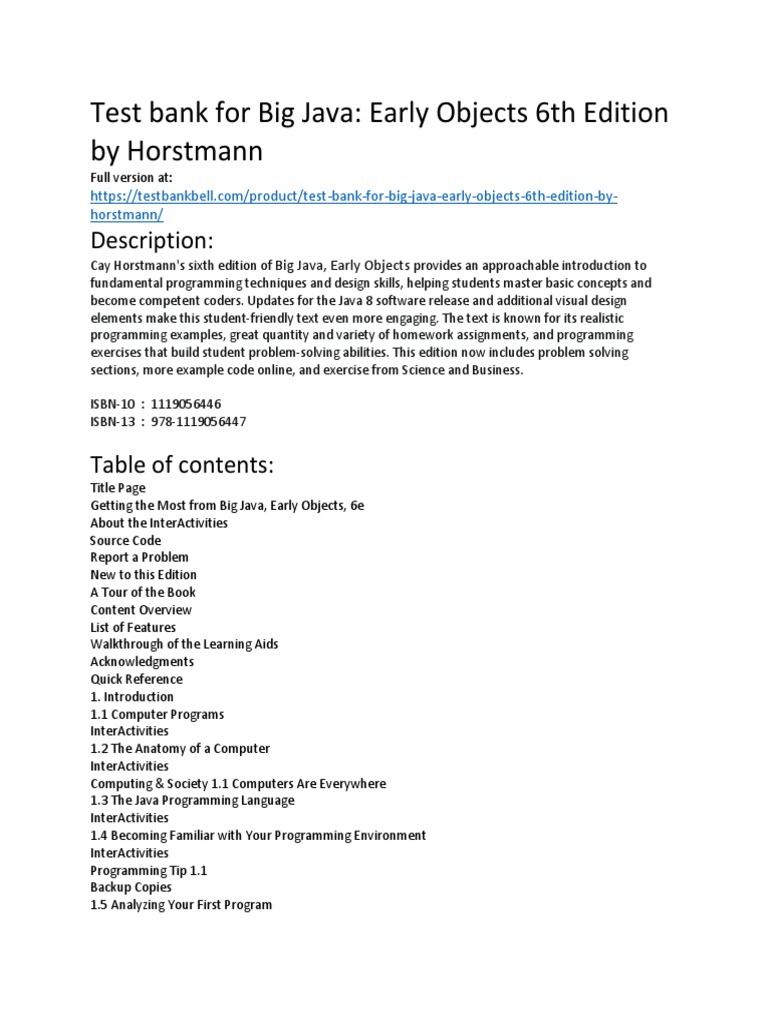 Test Bank for Big Java Early Objects 6th Edition by Horstmann | PDF ...