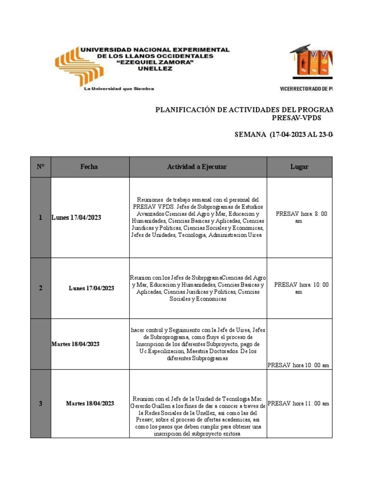 Planificación Actividades PRESAV 2023-I | PDF
