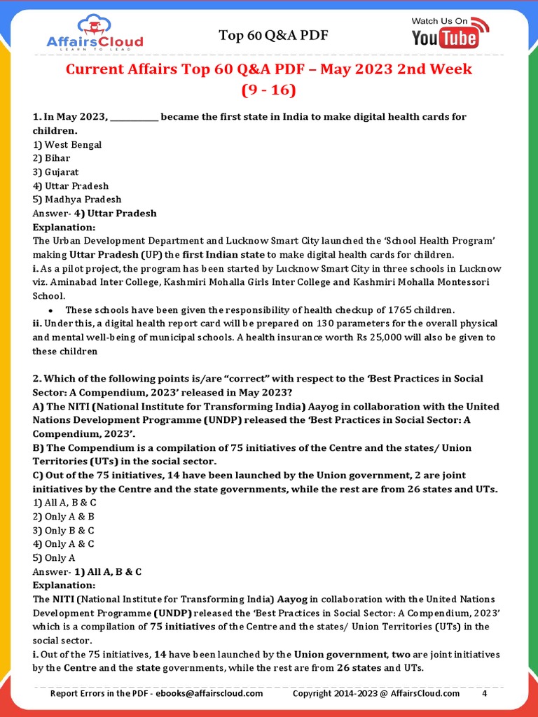 May 2023 Top 60 Q&A 2nd Week 09-16 by AffairsCloud | PDF | Travel ...