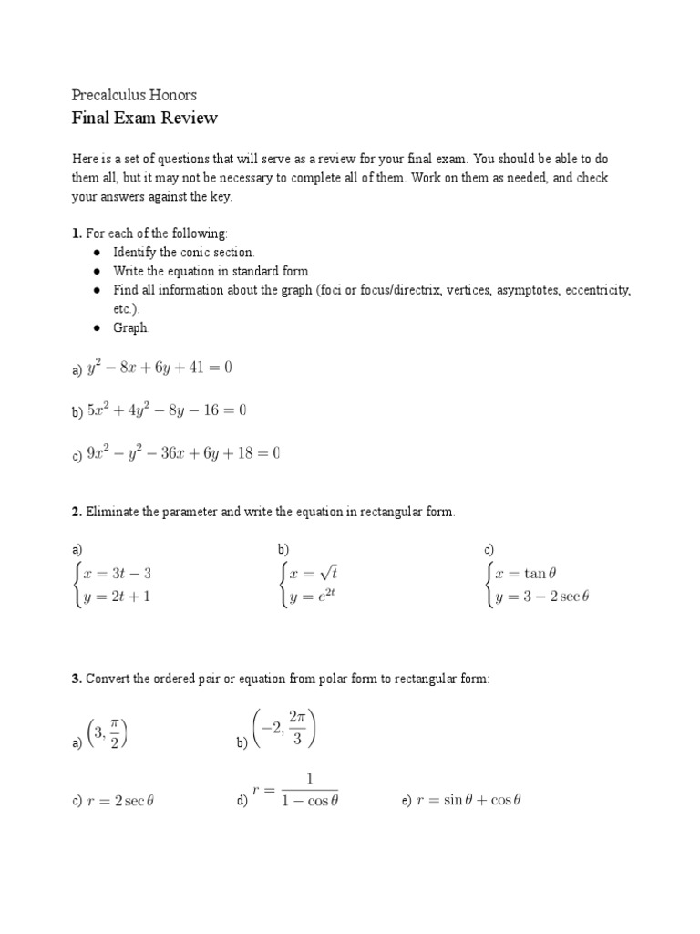 Precalc Honors Final Exam Review PDF