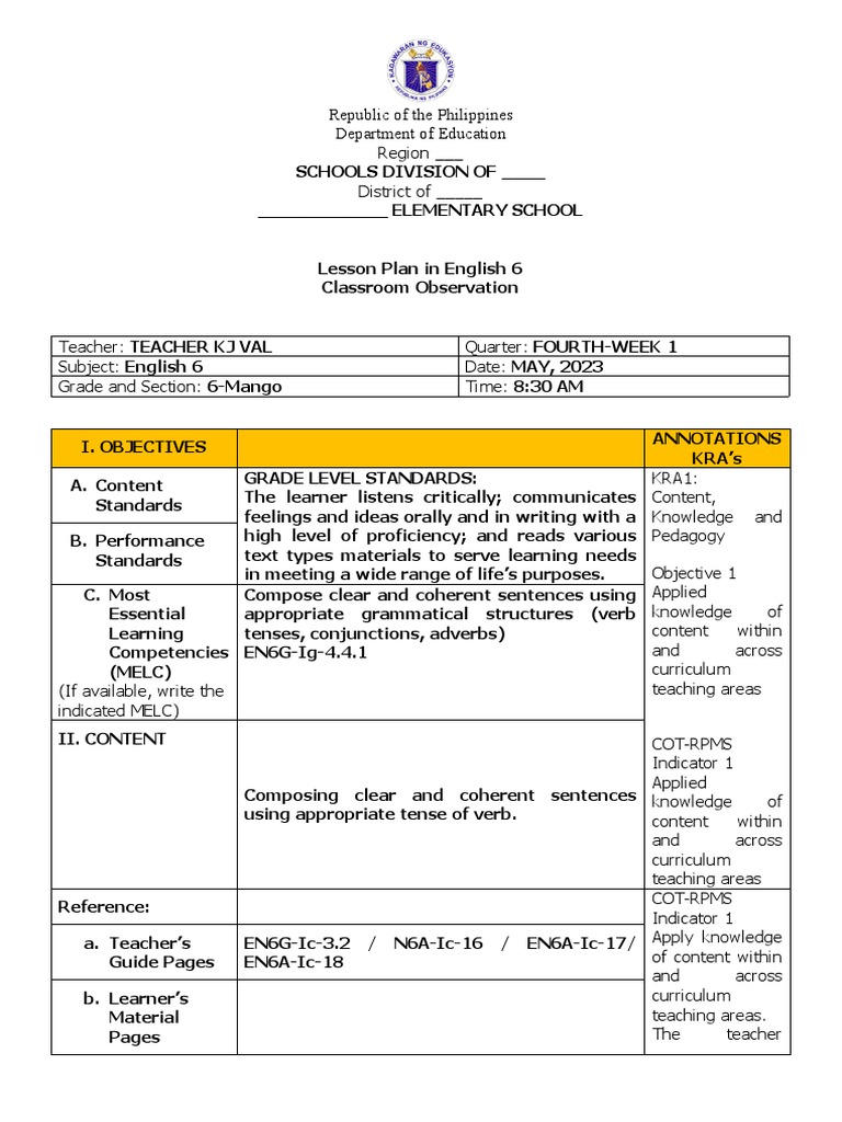 Cot English 6 q4 Tenses of Verb | PDF | Grammatical Tense | Curriculum