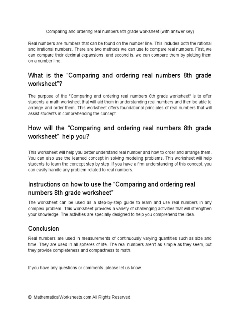 Comparing and Ordering Real Numbers 8th Grade Worksheet | PDF