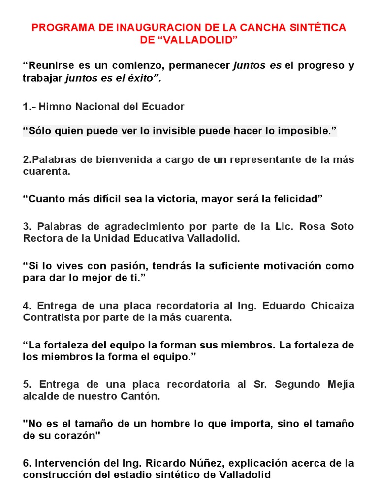 Programa De Inauguracion De La Cancha Sintética De Pdf