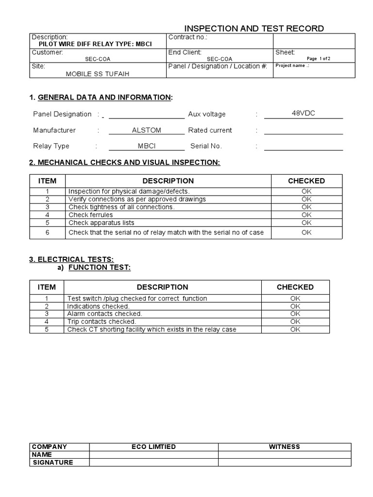 MBCI Relay Inspection and Test Record | PDF