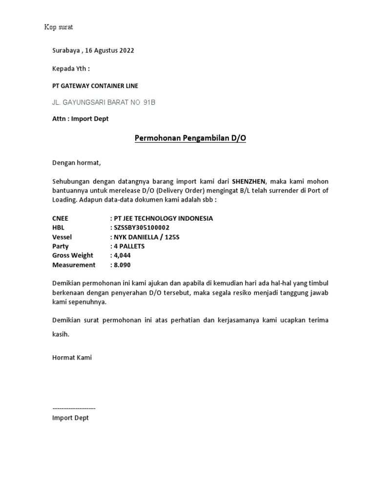 Example Surat DO, Kuasa, Dan Telex (LCL) | PDF