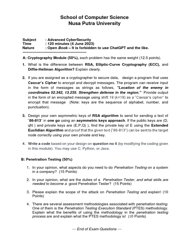 Advanced Cybersecurity Exam Questions | PDF