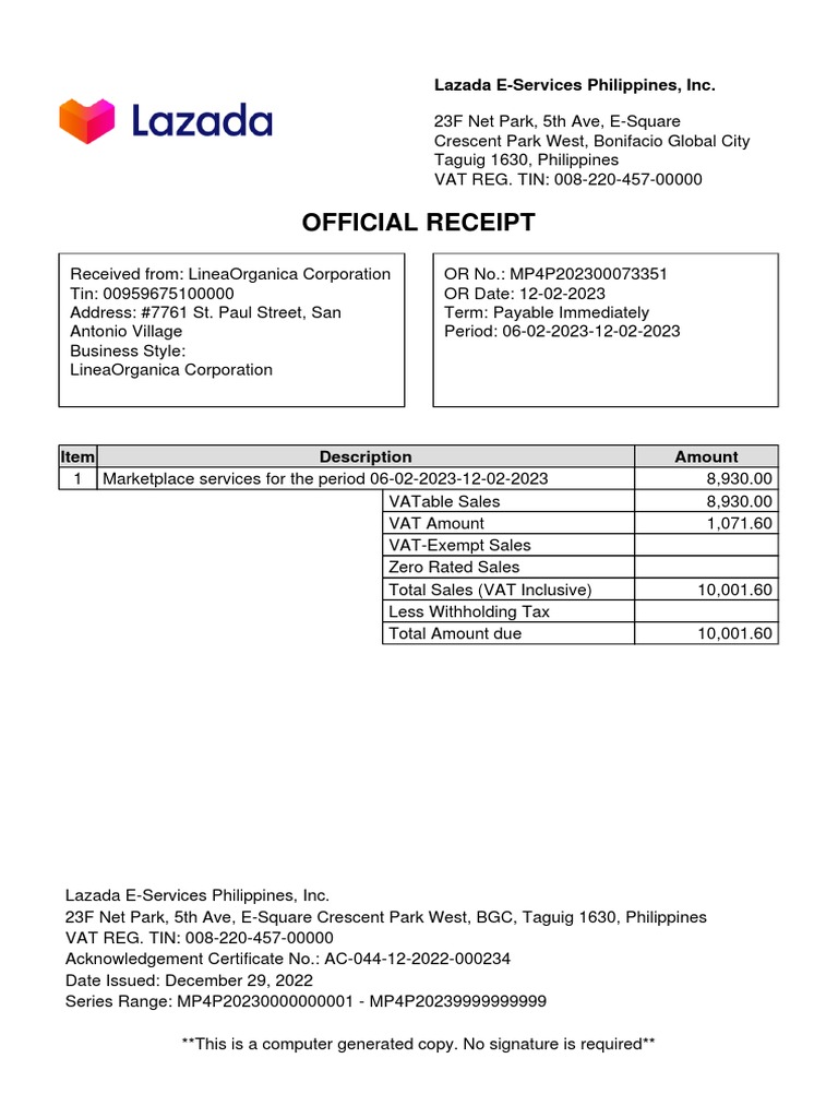 Lazada Official Receipt and Invoice Details | PDF