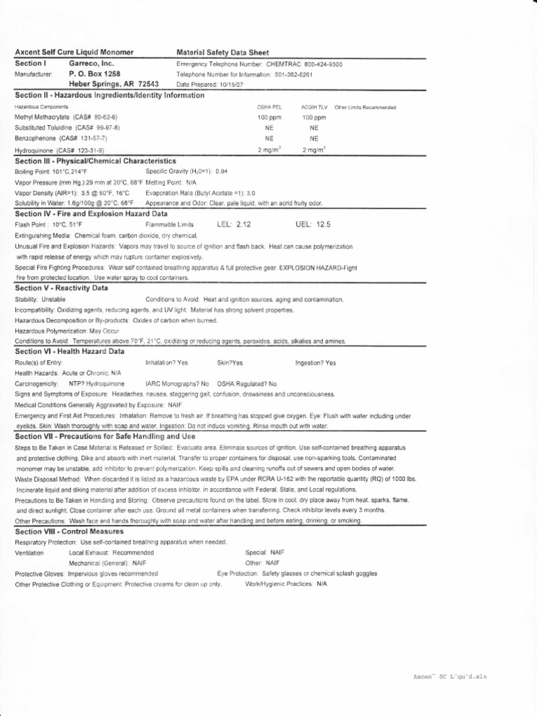 MSDS Acrylic Dentures Partials - Pdf.coredownload - Inline | PDF