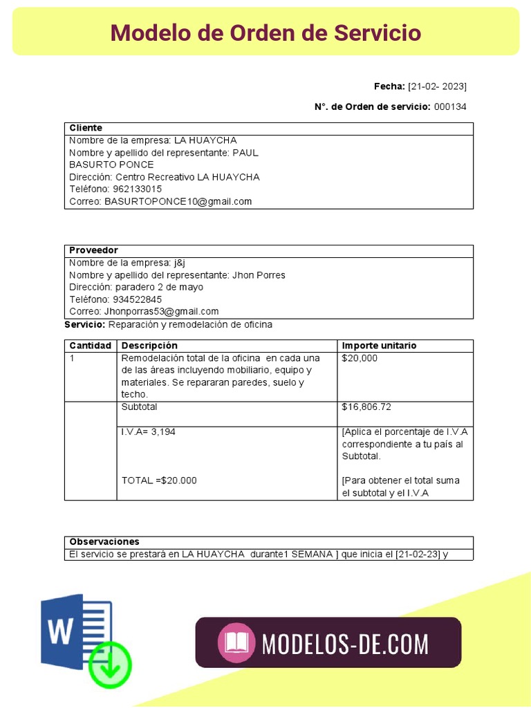 Orden de Servicio: Remodelación Oficina LA HUAYCHA | PDF | Finanzas y ...
