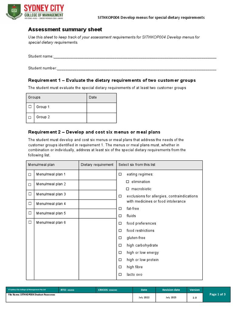 Assessment summary sheet pdf