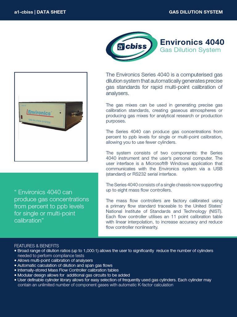 Environics 4040 Gas Dilution Datasheet PDF Calibration Gases