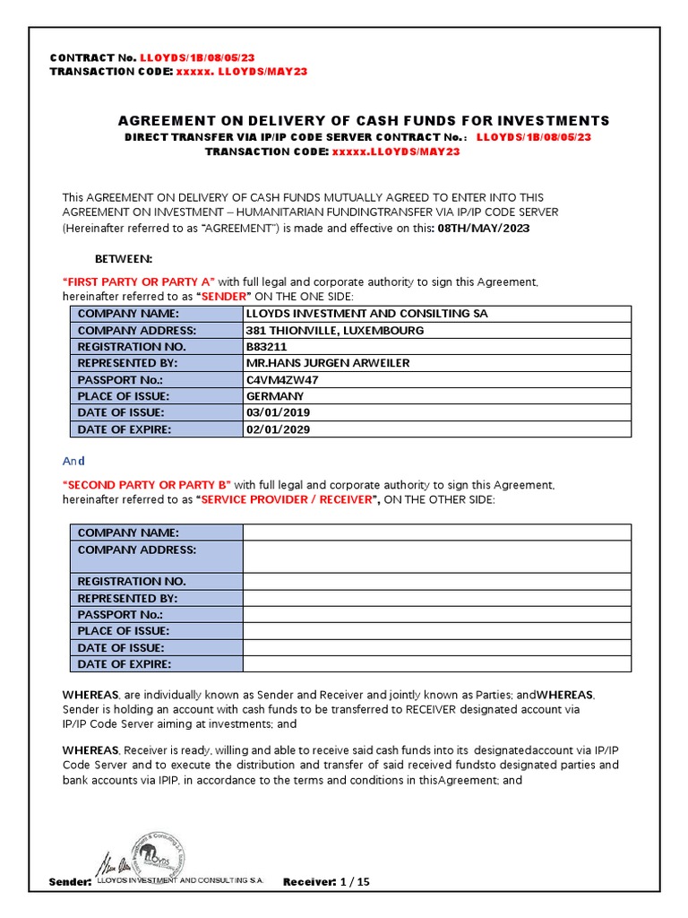 Agreement On Delivery of Cash Funds For Investments: 