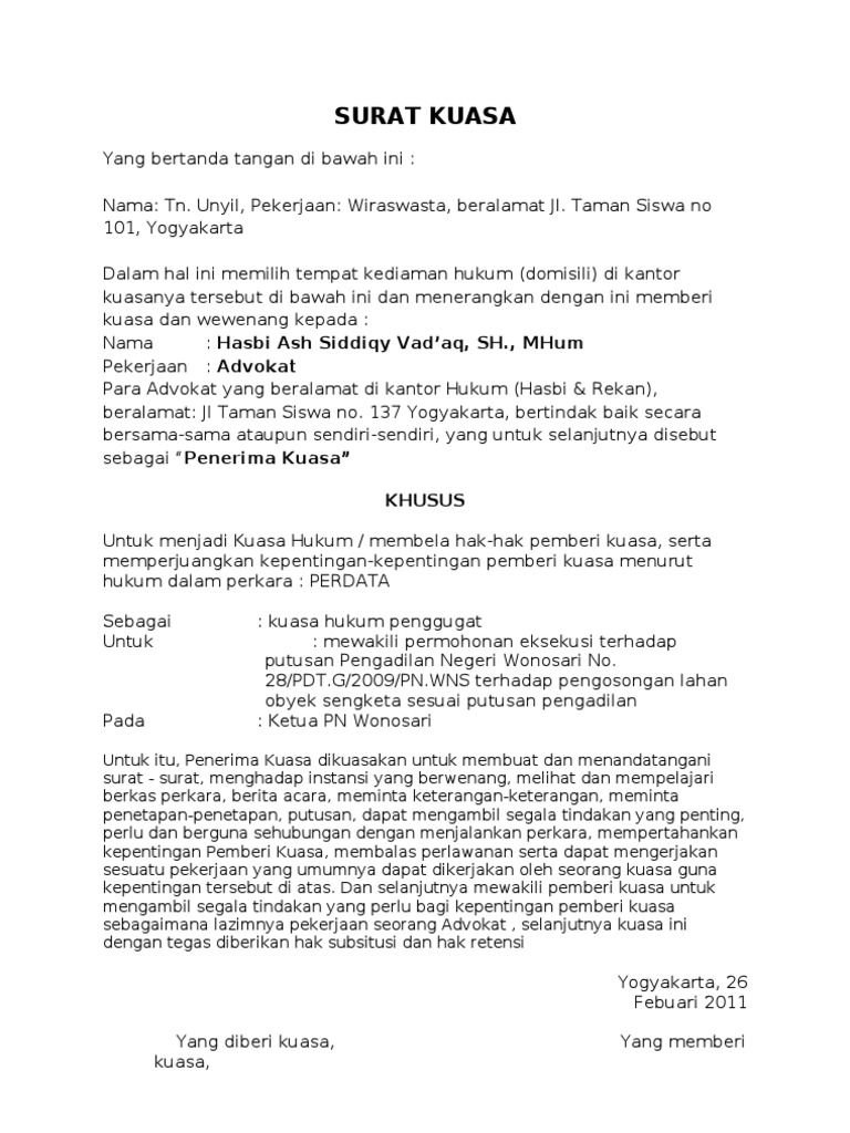 Contoh Surat Kuasa An Eksekusi Putusan Pdf