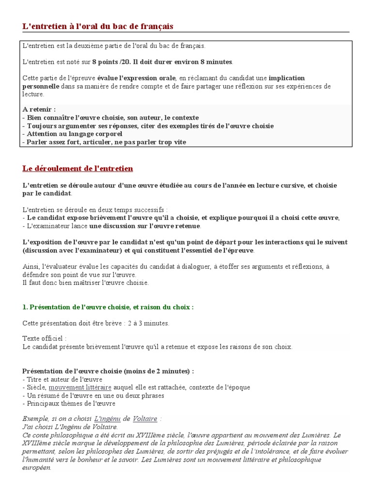 Entretien oral bac français : conseils clés | PDF | Candide | Voltaire