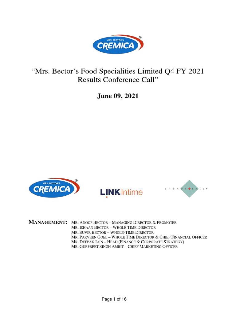 09302021085251Mrs Bector Earning Call Transcript Q4FY21 PDF