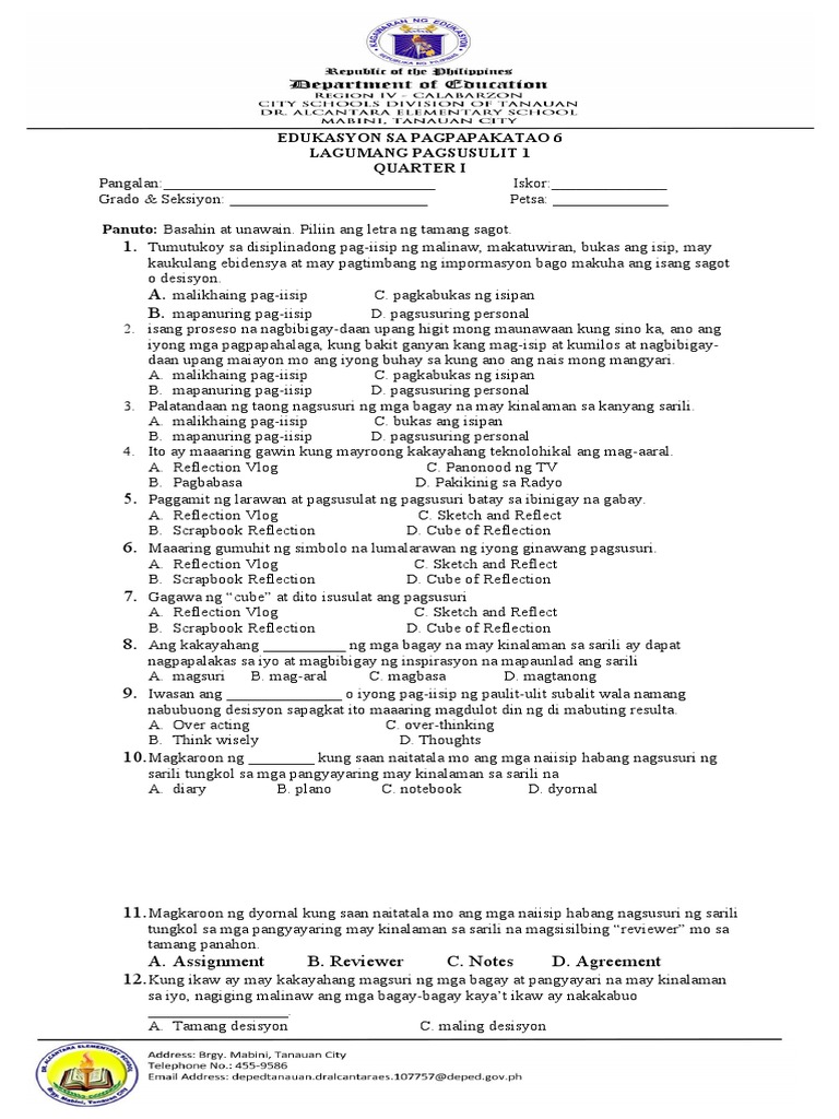 Q1 ESP 6 Summative Test I | PDF