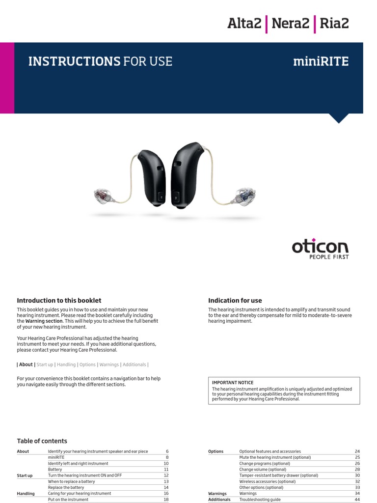 Oticon Alta2Nera2Ria2 Instructions MiniRITE PDF Radio