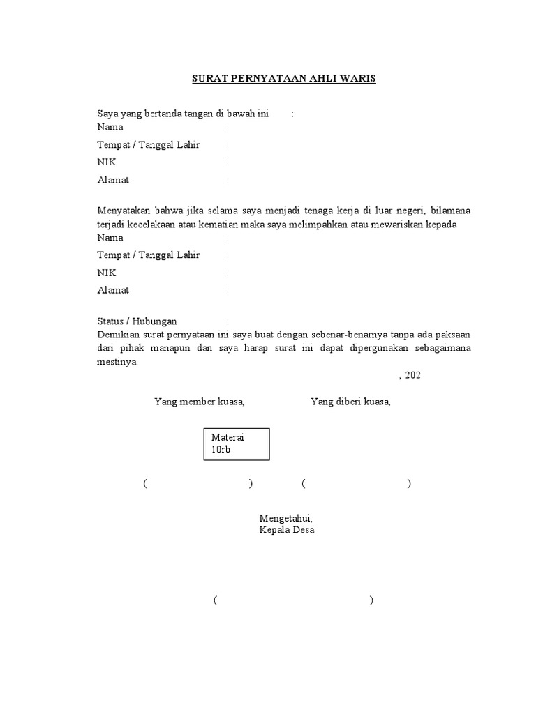 Surat Ahli Waris TKI | PDF