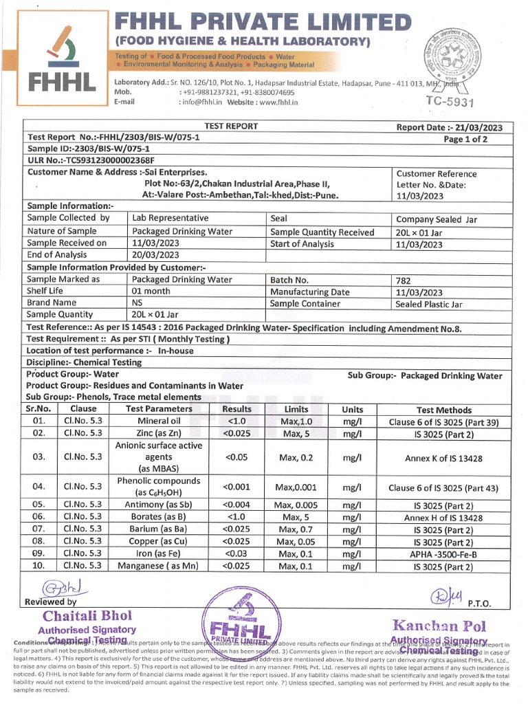 Drinking Water Test Report Pdf
