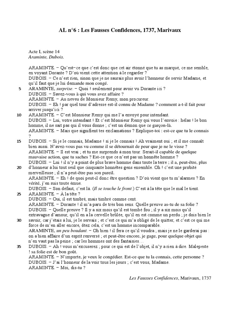 Les Fausses Confidences Résumé Scène Par Scène Pdf AL n°6 texte Acte I scene 14 Les Fausses confidences Marivaux | PDF